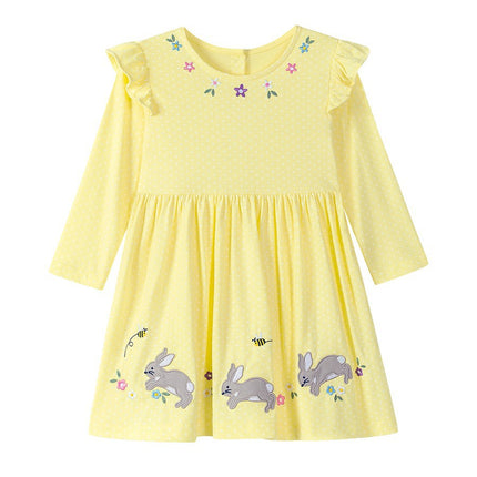 Autumn Arrival Cartoon Rabbits and Flowers Pattern Long Sleeves Crew Neck Dress for Stylish Girls-1