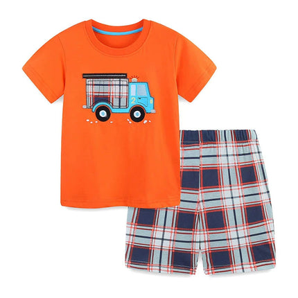 Summer Baby Kids Cartoon Truck Pattern T-shirt and Plaid Shorts Color Patchwork Clothing Set for Boys-0
