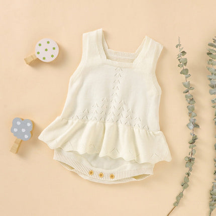 Baby Girl Hollow Carved Design Square Neck Ruffle Deisign Knitted Onesies-3