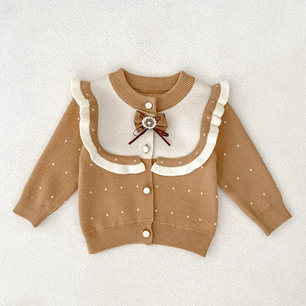 Autumn Arrival Baby Girls Comfortable Dots Pattern Color Patchwork Knitted Long Sleeves Cardigan-1