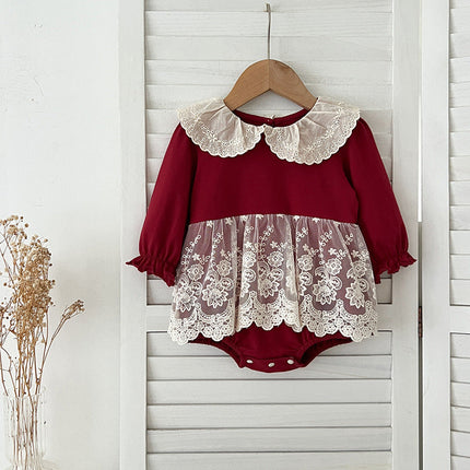 Autumn Arrival Baby Girls Long Sleeves Hollow-out Collar Tulle Patchwork Onesies-3