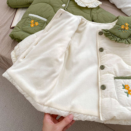 Winter Arrival Baby Kids Girls Flowers Embroidery Single Breasted Thick Coat-4