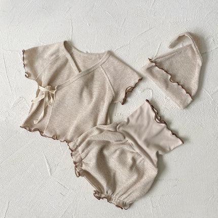 Summer Baby Kids Unisex Waffle Grid Short Sleeves Casual Monk Style Top T-Shirt And Bloomers And Hat Clothing Set-6