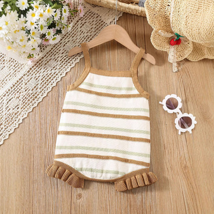 Summer Arrival Baby Girls Cute Thin Striped Pattern Sleeveless Strap Onesies-1