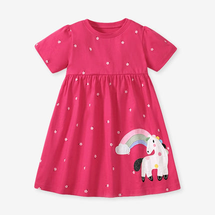 Spring And Summer Baby Girls Short Sleeves Rainbow Horse Floral Cartoon Dress-4