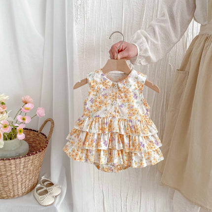 Summer  Arrival Baby Girls Cute Sleeveless Flowers Pattern Ruffle Onesies-0