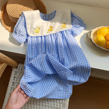 Summer Baby Kids Girls Short Sleeves Crew Neck Duck Pattern Plaid Dress-3