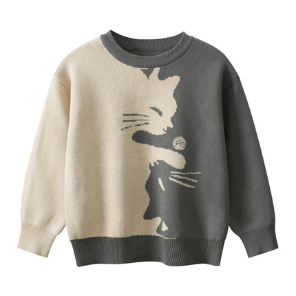 Autumn Arrival Baby Girls Kids Cute Cat Pattern Crew Neck Long Sleeves Knitted Sweatshirt Pullover-0
