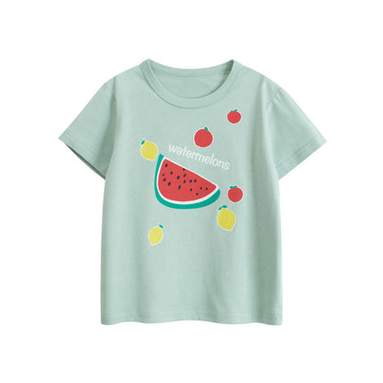 Summer Baby Kids Girls Letters and Fruits Cartoon Print Short Sleeves Crew Neck Top Shirt-0