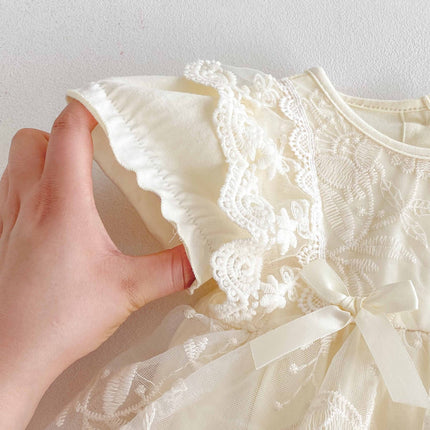 Summer Arrival Baby Girls Cute Solid Color Floral Embroidery Short Sleeves Dress Design Onesies-4