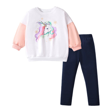 Spring And Autumn Girls Cartoon Unicorn Pattern Long Sleeves Crew Neck Top Sweatshirt And Pants Clothing Set-0