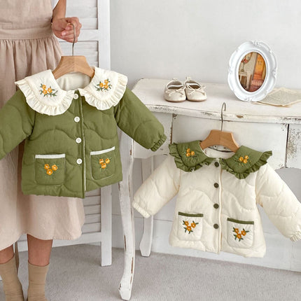 Winter Arrival Baby Kids Girls Flowers Embroidery Single Breasted Thick Coat-0