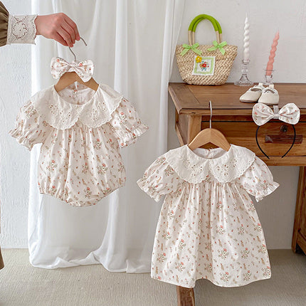 Summer Girls Flowers And Animals Pattern Short Sleeves Hollow Out Collar Onesies And Dress โ Sister Matching Clothing Set-4