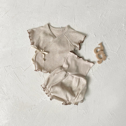 Summer Baby Kids Unisex Waffle Grid Short Sleeves Casual Monk Style Top T-Shirt And Bloomers And Hat Clothing Set-2