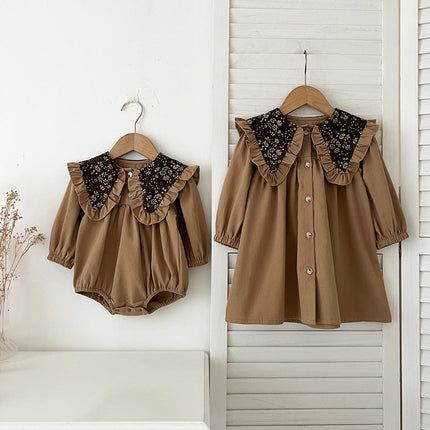 Arrival Autumn Vintage Flowers Pattern Embroidery Collar Baby Kids Girls Onesies and Dress โ Princess Sister Matching Set-0