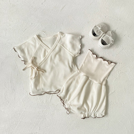 Summer Baby Kids Unisex Waffle Grid Short Sleeves Casual Monk Style Top T-Shirt And Bloomers And Hat Clothing Set-5