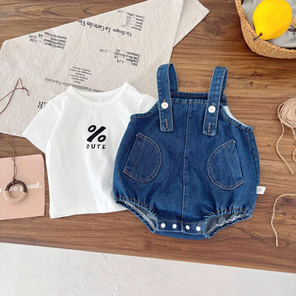 Summer Hot Selling Baby Kids Unisex Sleeveless Denim Blue Strap Onesies Overalls and White T-Shirt Clothing Set-0