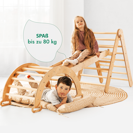 4in1 Montessori Klettergerüst Set: Kletterdreieck mit Rutsche, Kletterbogen mit Kissen, für Kinder 1-7 Jahre – Beige-1