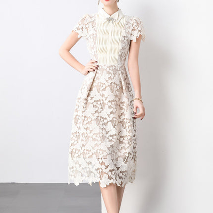 3D Floral Appliqué Bow Tie White Lace Midi Dress-0