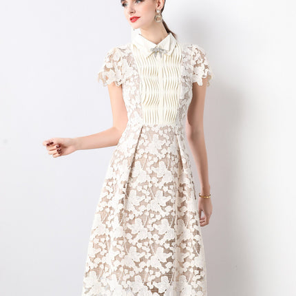 3D Floral Appliqué Bow Tie White Lace Midi Dress-1
