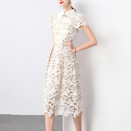 3D Floral Appliqué Bow Tie White Lace Midi Dress-2