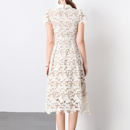 3D Floral Appliqué Bow Tie White Lace Midi Dress-3