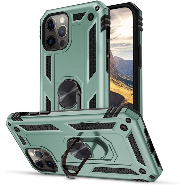 Apple iPhone 14 Pro Max, Műanyag hátlap védőtok, közepesen ütésálló, szilikon belső, telefontartó gyűrű, Defender, zöld (124854)-0