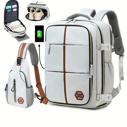 NNETM Travel Backpack with Airline-Approved Laptop Compartment and Shoes Compartment - Silver Gray and Chest Bag-3