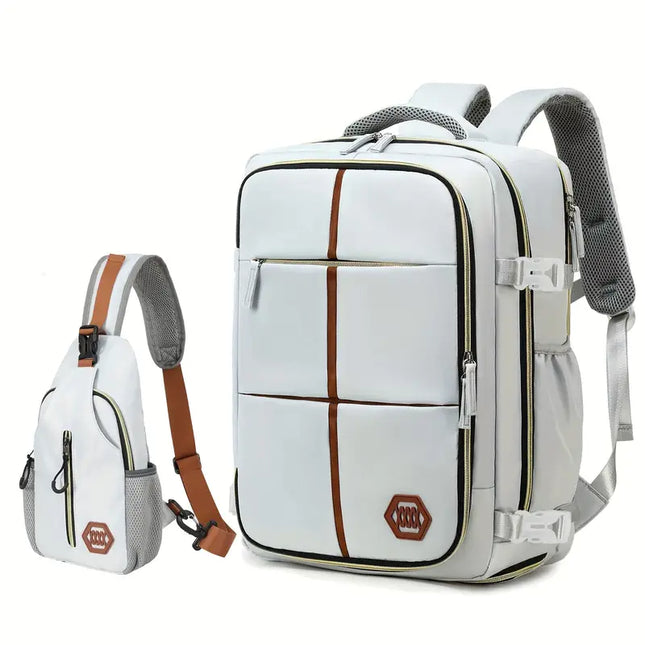 NNETM Travel Backpack with Airline-Approved Laptop Compartment and Shoes Compartment - Silver Gray and Chest Bag-0