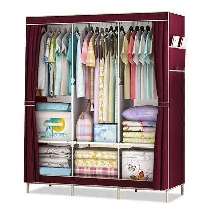 3-Column Floor Standing Cloth Wardrobe | Large Capacity Storage Organizer(Burgundy)-0