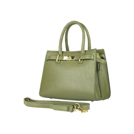 RB1016AG | Borsa Donna a Mano in Vera Pelle Made in Italy con tracolla removibile. Moschettoni in metallo Oro Lucido - Colore Verde Oliva - Dimensioni: cm 28 x 20 x 14 + 12,5-0