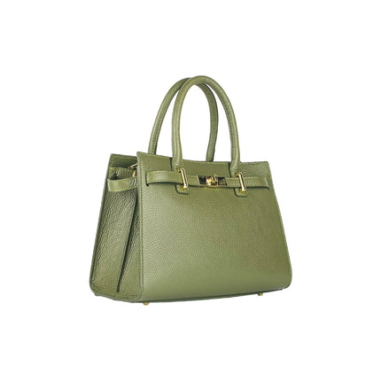 RB1016AG | Borsa Donna a Mano in Vera Pelle Made in Italy con tracolla removibile. Moschettoni in metallo Oro Lucido - Colore Verde Oliva - Dimensioni: cm 28 x 20 x 14 + 12,5-1