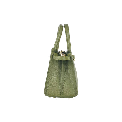 RB1016AG | Borsa Donna a Mano in Vera Pelle Made in Italy con tracolla removibile. Moschettoni in metallo Oro Lucido - Colore Verde Oliva - Dimensioni: cm 28 x 20 x 14 + 12,5-4