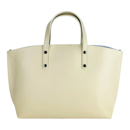 RB1024AL  | Borsa Donna a Mano in Vera Pelle Made in Italy con tracolla removibile. Sacca grande interna estraibile. Accessori Canna di Fucile Lucido - Colore Beige - Dimensioni: cm 48x31x11-4