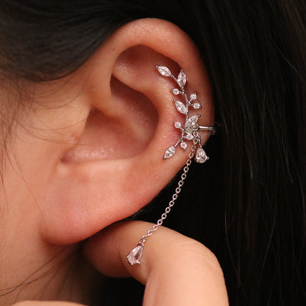 Cubic Leaf Drop Clip On Earrings-4