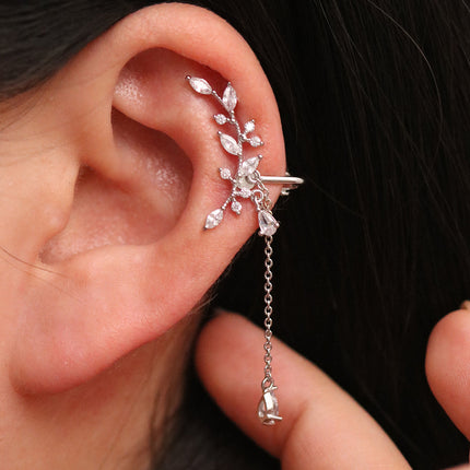 Cubic Leaf Drop Clip On Earrings-3