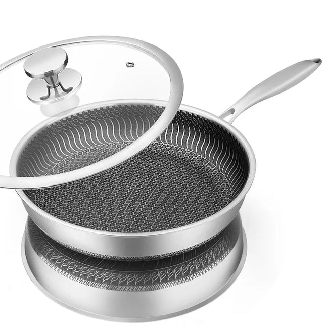 28cm Stainless Steel Honeycomb Nonstick Frying Pan with Lid Silver-0
