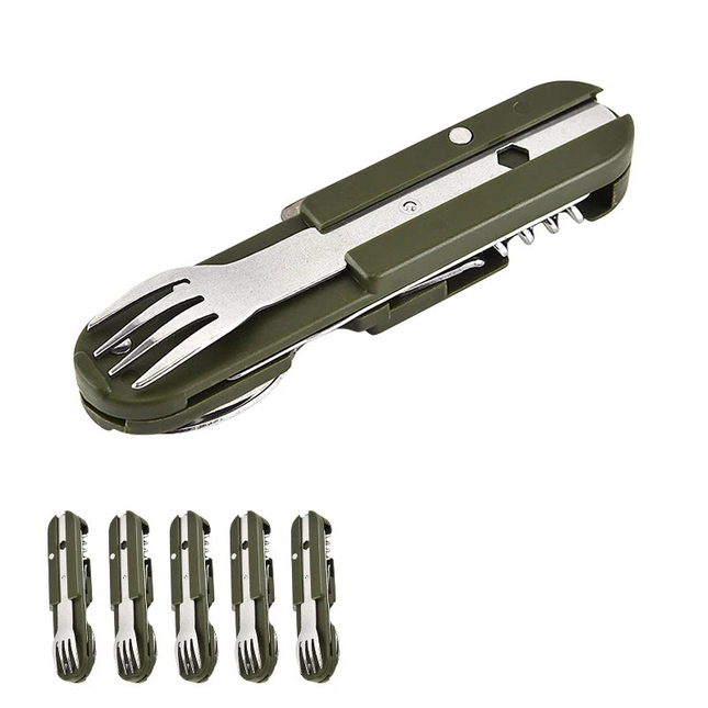7-in-1 Folding Camping Cutlery Set with Storage Bag Green-0