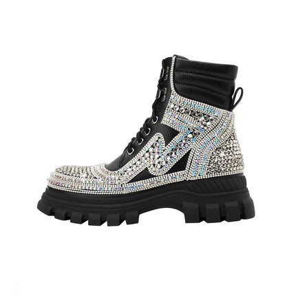Black Crystal Embellished Walking Ankle Boots-0