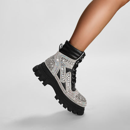 Black Crystal Embellished Walking Ankle Boots-1