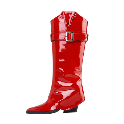 Fiery Red Pointed Toe Foldover Knee High Boots-0