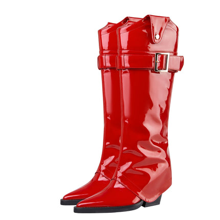 Fiery Red Pointed Toe Foldover Knee High Boots-4