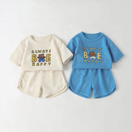 Baby Cartoon Bear & Slogan Pattern Waffle Fabric Tops Combo Solid Shorts 1-Piece Sets-0