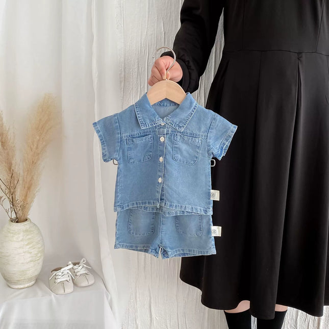 Summer Hot Selling Baby Kids Boys Short Sleeves Denim Single Breasted Top and Shorts Clothing Set-1