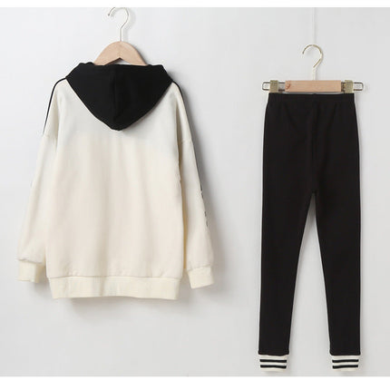 Girls Letters Printing Patchwork Design Hoodie Striped Pants Sets-1