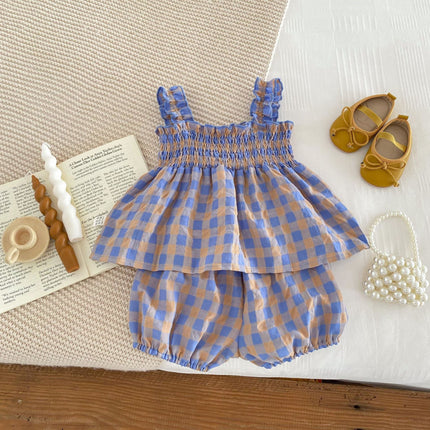 Summer Baby Kids Girls Plaid Strap Dress And Shorts Clothing Set-1