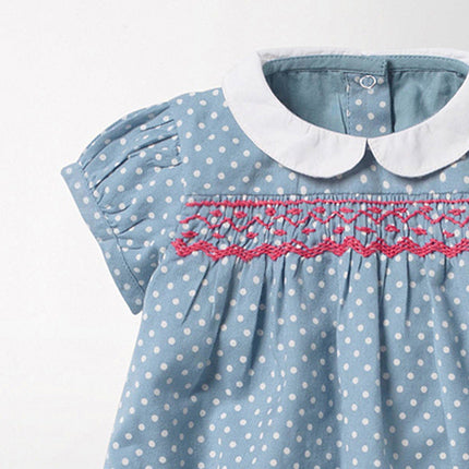 Summer Arrival Girls Short Sleeves Rabbits Cartoon White Dots Peter Pan Collar Dress-2