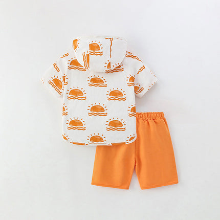 Summer Baby Kids Sunrise Pattern Hooded T-shirt and Shorts Clothing Set for Boys-3