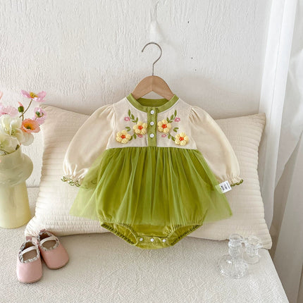 Autumn Arrival Baby Girls Long Sleeves Flowers Pattern Tulle Patchwork Onesies-1