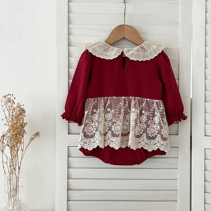 Autumn Arrival Baby Girls Long Sleeves Hollow-out Collar Tulle Patchwork Onesies-1